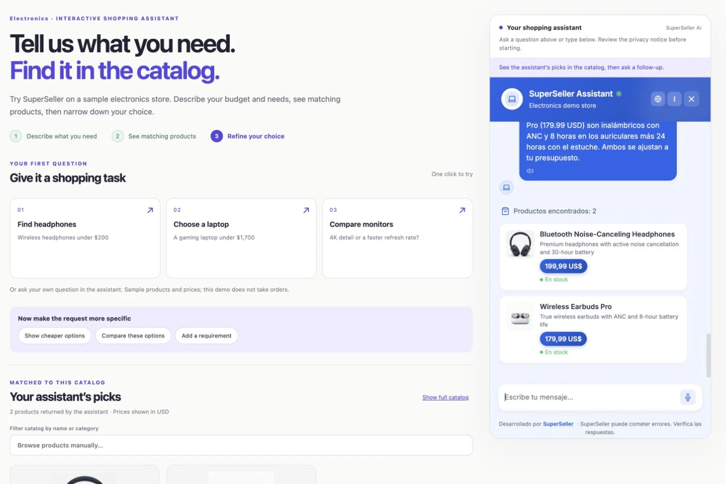 SuperSeller widget answering a headphone question in Spanish