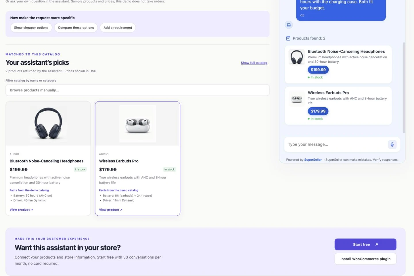 SuperSeller electronics demo showing two headphone products matched to a budget