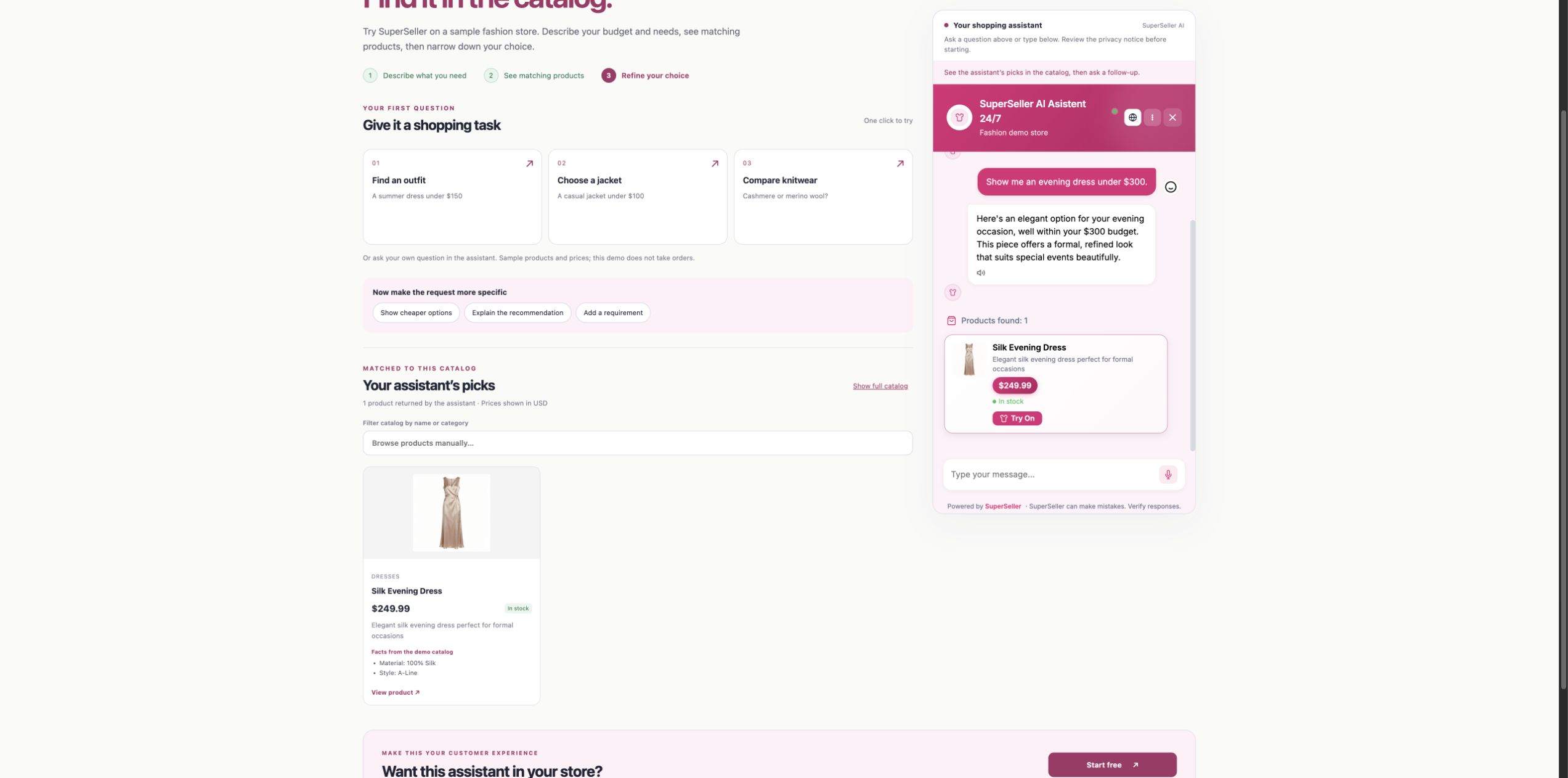 SuperSeller Fashion demo chat recommending a dress with a Try On button