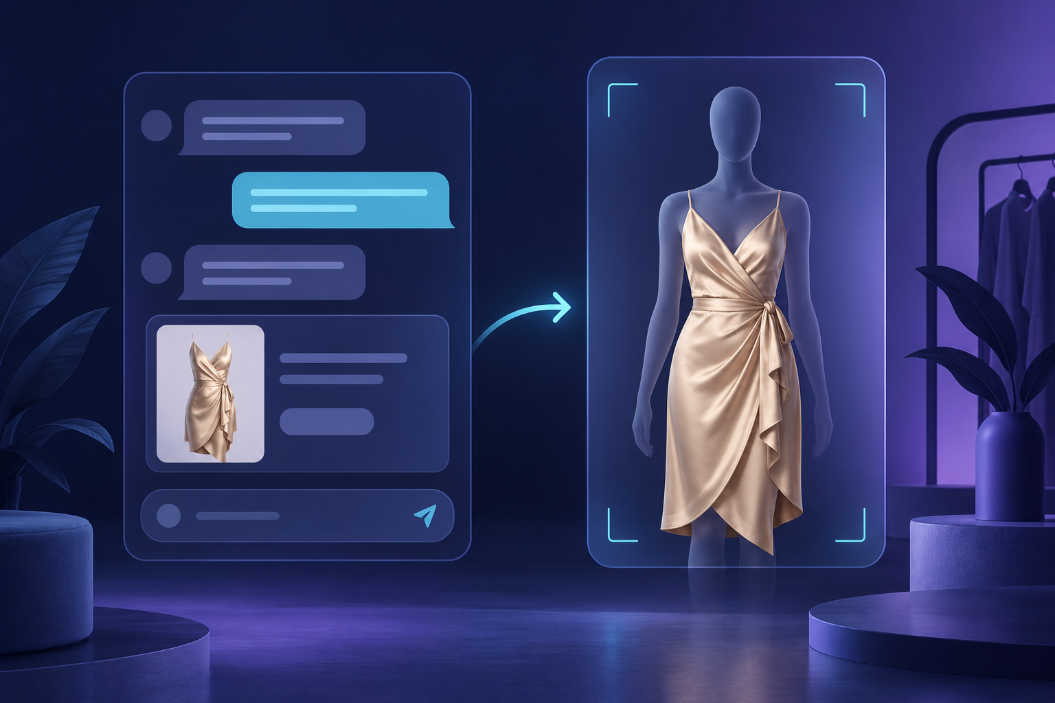Illustration of virtual try-on connecting a dress recommendation in chat to a clothing preview