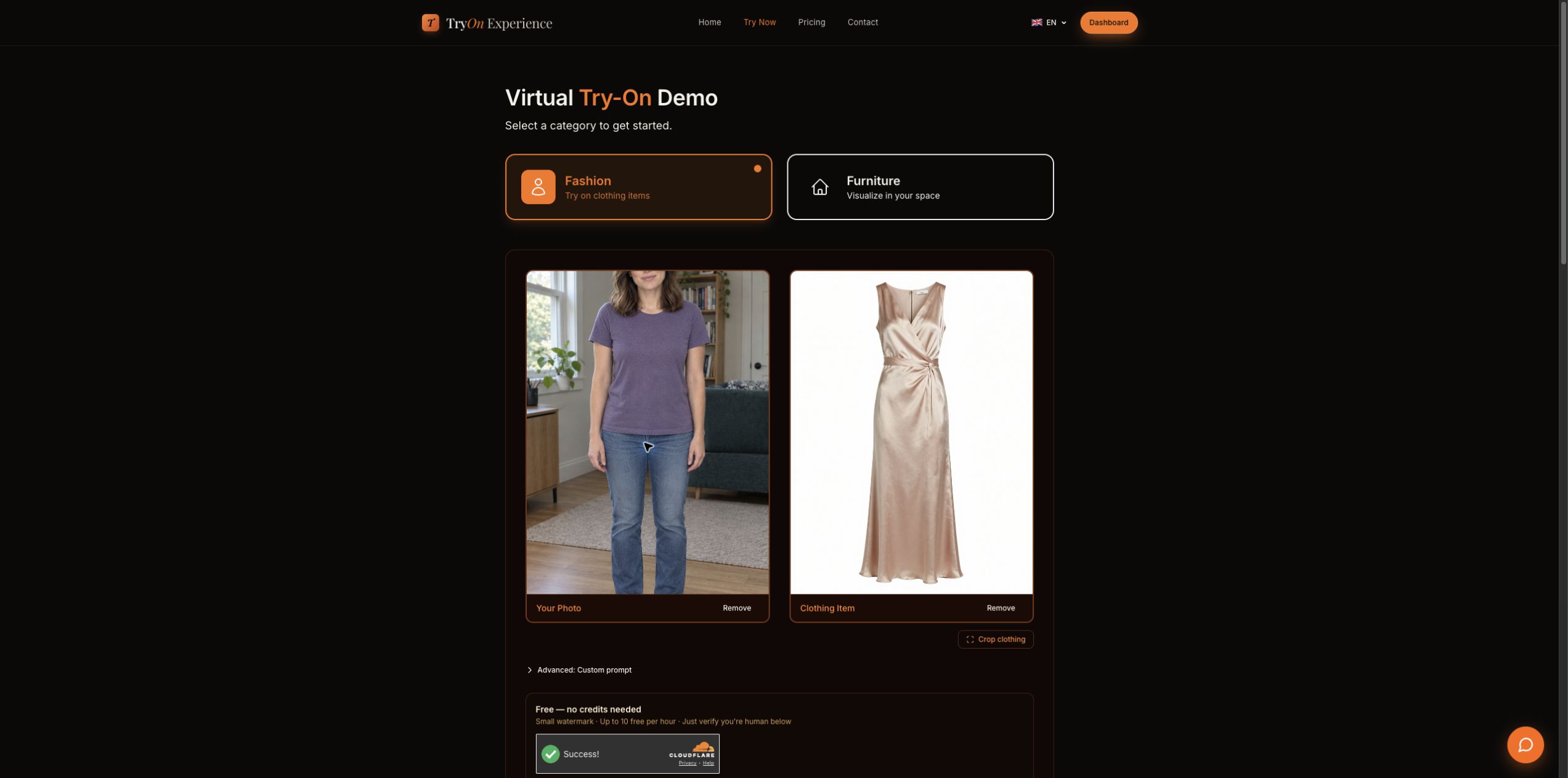 TryOnExperience showing a person photo beside the dress image transferred from SuperSeller