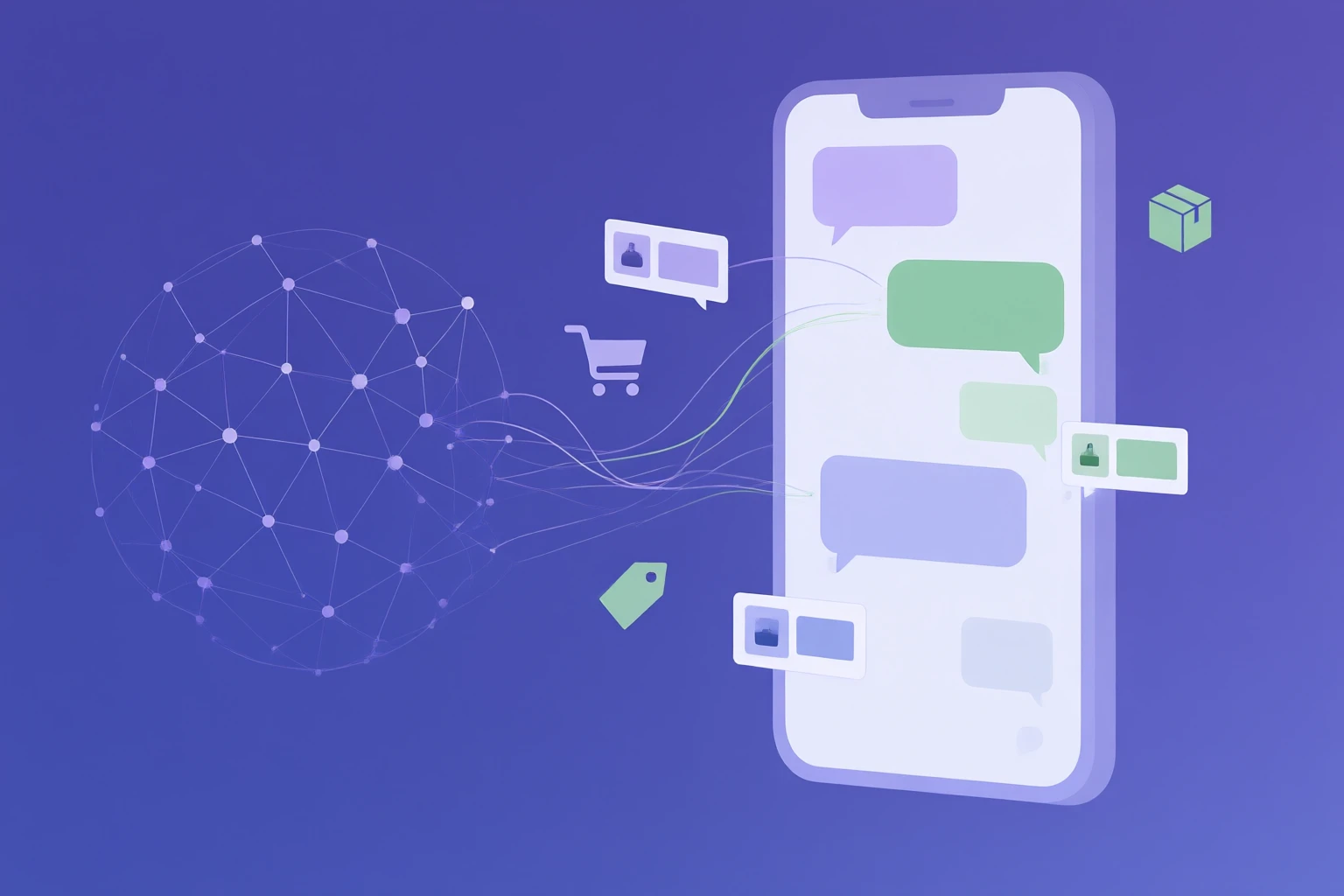 WhatsApp chatbot for ecommerce illustration showing an AI assistant replying with product recommendations inside a messaging conversation