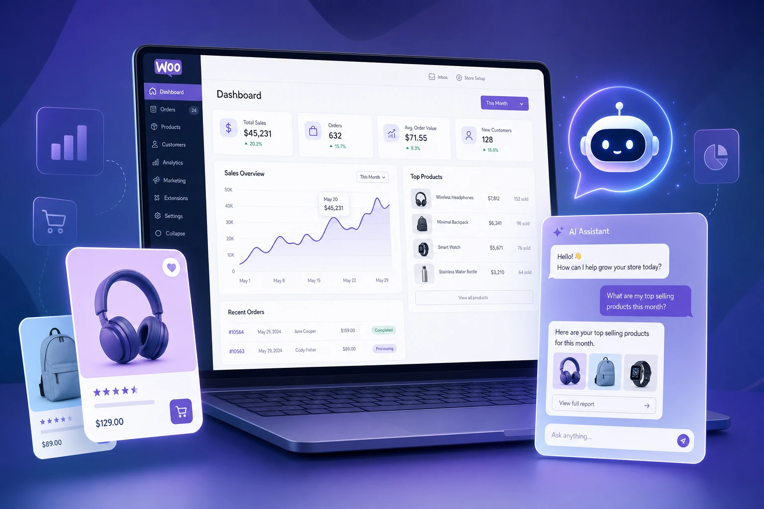 AI chatbot for WooCommerce — editorial illustration of a store dashboard with a chat assistant bubble
