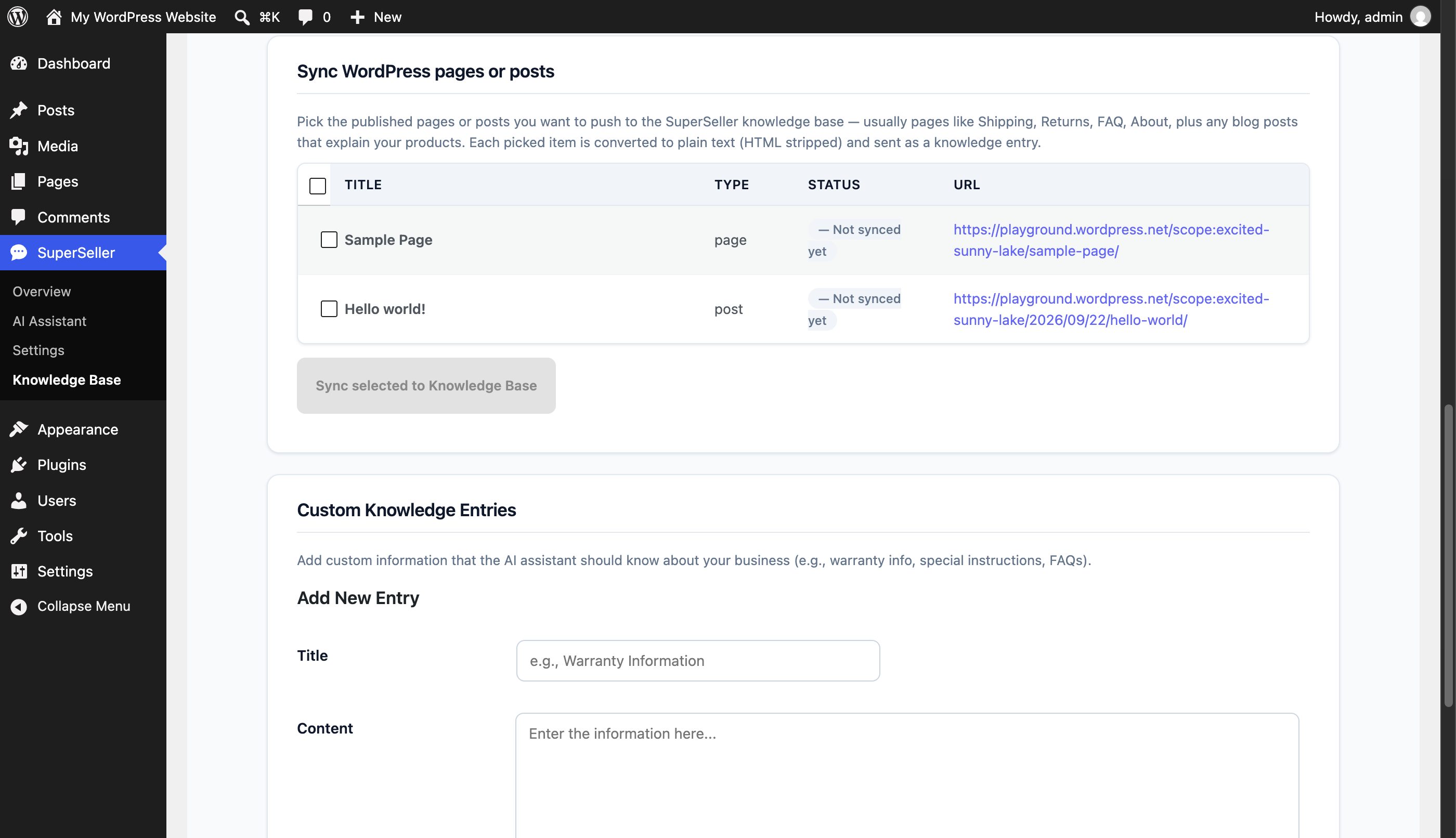 WordPress knowledge base screen showing selected page and post controls plus custom answer entry
