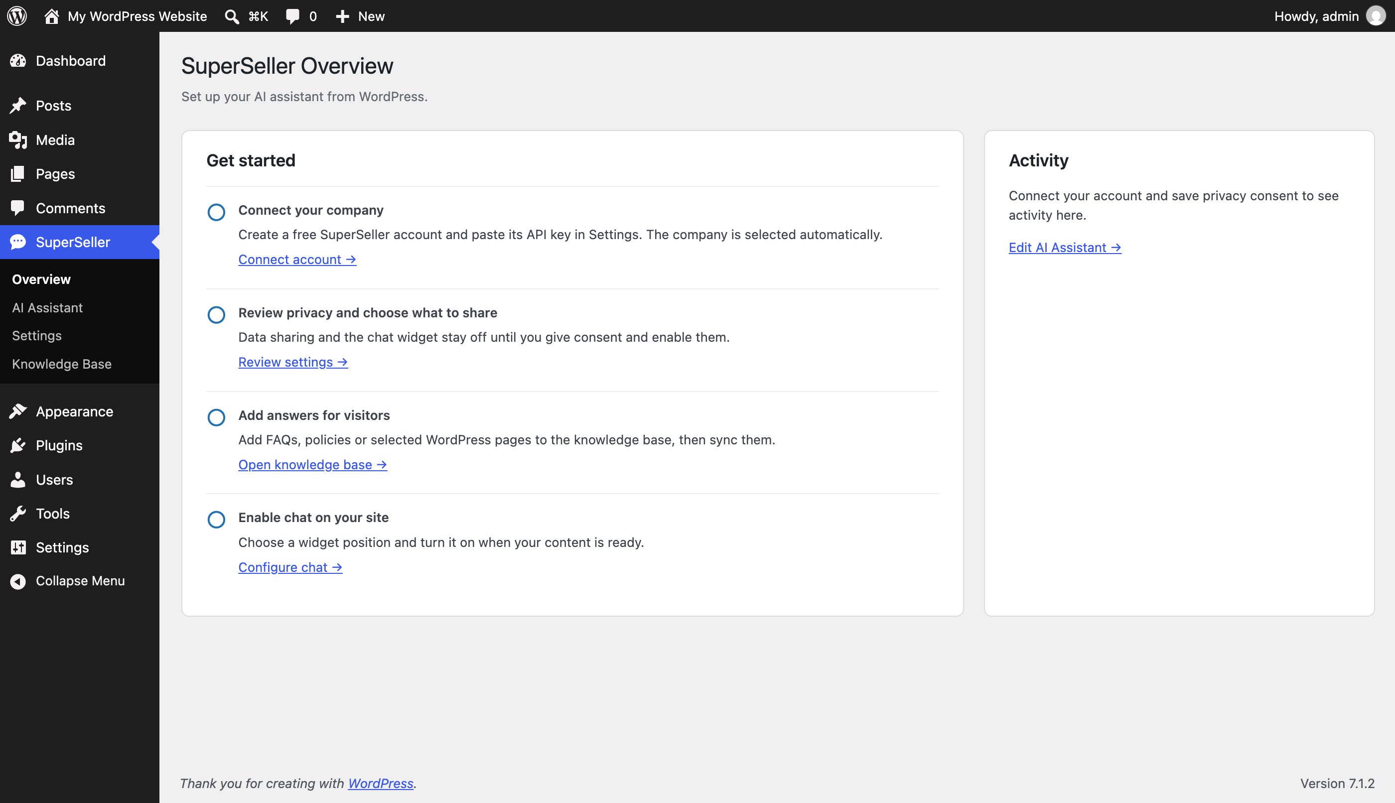 WordPress AI chatbot plugin Overview with company, privacy, knowledge and chat setup steps