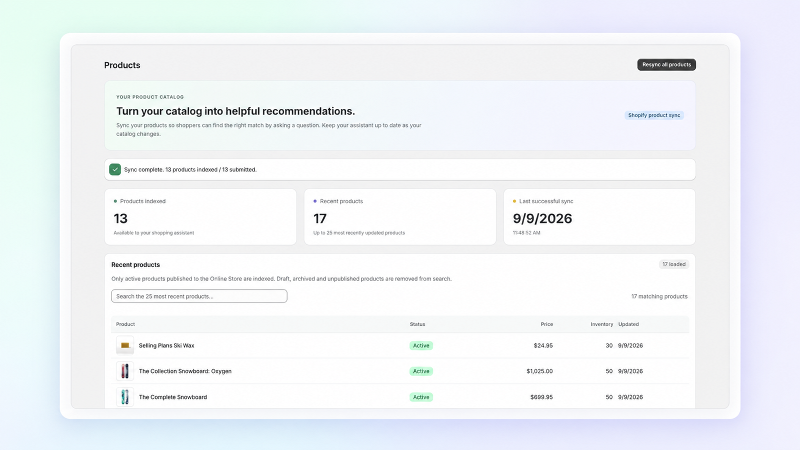 SuperSeller Shopify product sync screen with indexed product count and recent items