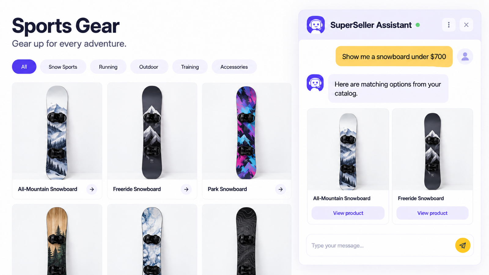 Illustration of a Shopify product recommendation chatbot showing snowboard product cards