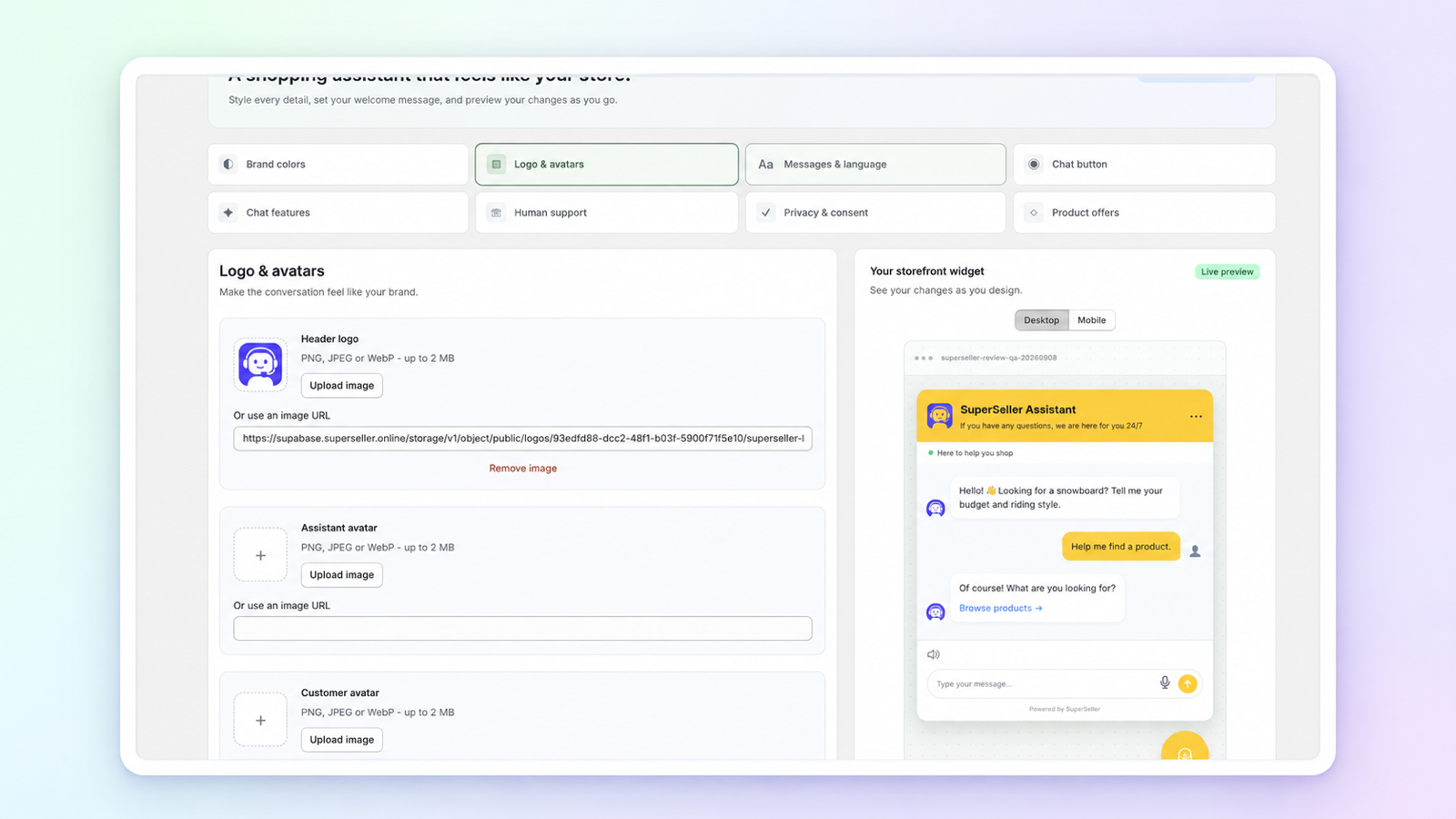 SuperSeller Shopify widget settings with logo controls and storefront chat preview